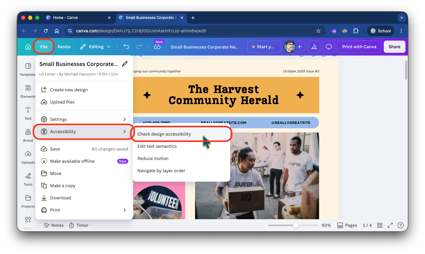 Canva's File menu open to show the Accessibility submenu and the Check design accessibility option. The File menu item, the Accessibility item, and the Check design accessibility item are all highlighted with red boxes.